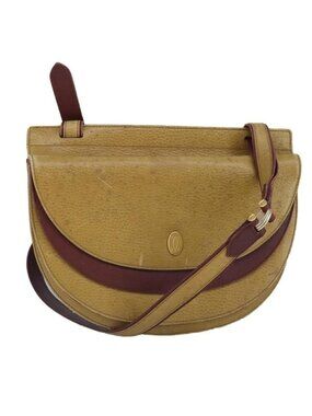 Authentic CARTIER Shoulder Bag Leather Beige Wine Red
